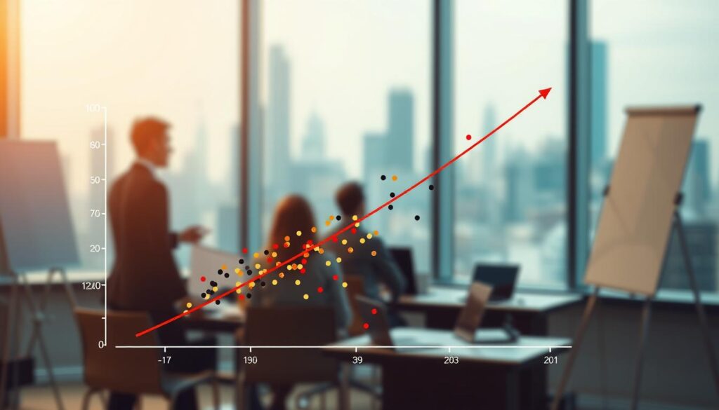A graph depicting the positive correlation between training performance and organizational capability. The foreground displays a scatterplot with data points clustered along an upward-sloping trend line, symbolizing the relationship. The middle ground shows a business setting with professional training materials, whiteboards, and attentive employees. The background features a softly blurred cityscape, conveying a sense of a thriving, dynamic organization. The lighting is warm and inviting, with a slight hazy glow, creating an atmosphere of productive focus. The angles are slightly elevated, providing an inclusive, bird's-eye perspective on the training environment and its impact on the organization's overall performance. A graph depicting the positive correlation between training performance and organizational capability. The foreground displays a scatterplot with data points clustered along an upward-sloping trend line, symbolizing the relationship. The middle ground shows a business setting with professional training materials, whiteboards, and attentive employees. The background features a softly blurred cityscape, conveying a sense of a thriving, dynamic organization. The lighting is warm and inviting, with a slight hazy glow, creating an atmosphere of productive focus. The angles are slightly elevated, providing an inclusive, bird's-eye perspective on the training environment and its impact on the organization's overall performance.