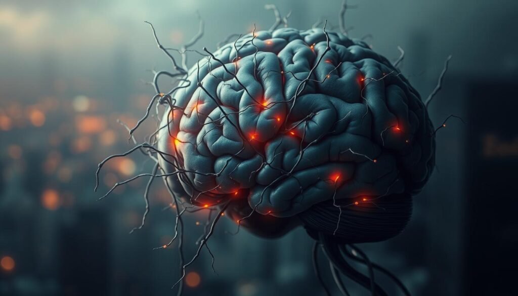 A brain overwhelmed, battered by waves of strain and fatigue. The cerebral cortex appears drained, its vibrant neurons dimmed, casting a hazy, weary glow. Stressed synapses fire erratically, like flickering neon against a blurred cityscape backdrop. Tendrils of tension coil around the limbic system, constricting emotional processing. Diffuse lighting casts a somber, moody atmosphere, as if the mind struggles to maintain focus and clarity. Muted colors and soft edges convey a sense of mental exhaustion, the brain desperately seeking respite from its relentless cognitive demands.