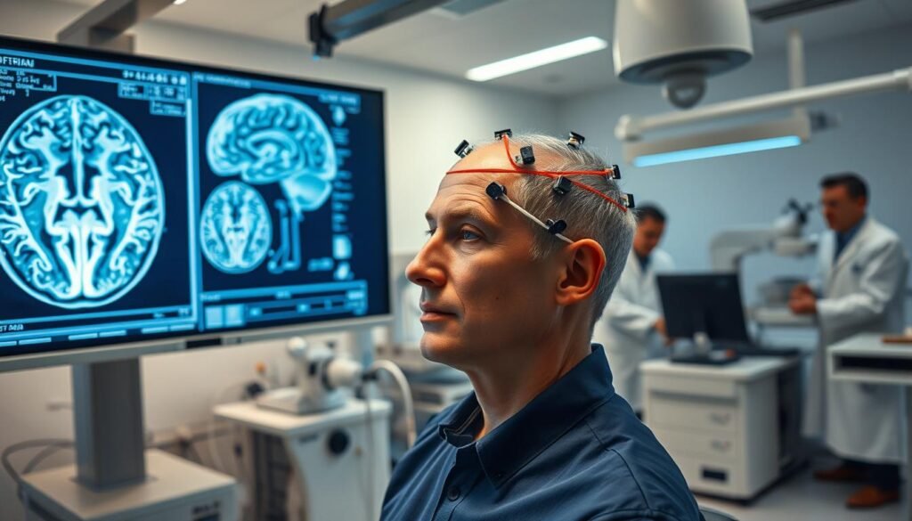 A clinical research laboratory with state-of-the-art medical equipment. In the foreground, a high-resolution brain scan displayed on a large monitor, showcasing the intricate neural pathways and regions being stimulated. In the middle ground, a patient undergoing a non-invasive brain stimulation procedure, with electrodes attached to their head and a focused expression of concentration. The background features scientific instruments, lab workstations, and researchers in white coats diligently observing the process, creating an atmosphere of scientific discovery and innovation. Soft, directional lighting illuminates the scene, highlighting the clinical precision and cutting-edge technology at work.