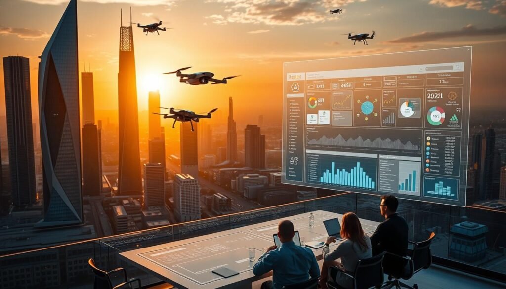 A futuristic cityscape with towering skyscrapers and sleek, angular architecture, bathed in a warm, golden glow from the setting sun. In the foreground, a holographic display showcases a complex project management dashboard, with real-time data visualizations, smart task automation, and collaborative tools. Hovering drones and autonomous vehicles weave through the urban landscape, symbolizing the integration of advanced technologies into project workflows. The middle ground features a team of project managers, designers, and engineers gathered around a sleek conference table, engaged in a dynamic discussion, their faces illuminated by the holographic display. In the background, a panoramic view of the city stretches out, with flying cars and hovercraft darting between buildings, representing the seamless connectivity and mobility of the future of project management.