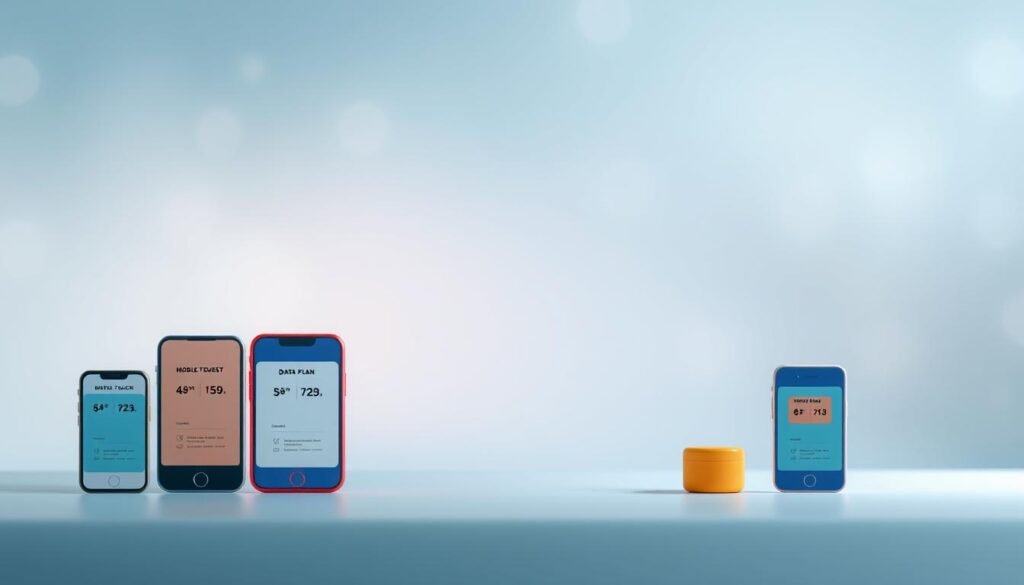 A modern and minimalist data plan illustration featuring an array of colorful geometric shapes, clean typography, and a sleek, high-tech aesthetic. The foreground showcases various mobile devices with simplified price tags and data allowances, conveying the notion of affordability and flexibility. The middle ground depicts a seamless grid of mobile network symbols, subtly hinting at the reliable connectivity. The background features a softly blurred gradient in a palette of cool blues and grays, creating a sense of depth and a calming, professional ambiance. Soft, directional lighting enhances the three-dimensional quality of the scene, while a slightly elevated camera angle provides an inviting, approachable perspective.