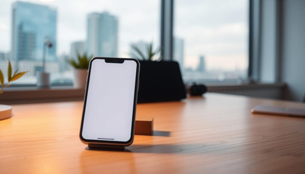 A modern smartphone being set up on a minimalist wooden desk, with a sleek, white mobile app running on the screen. The desk is bathed in warm, soft lighting, creating a cozy and inviting atmosphere. In the background, a blurred cityscape can be seen through a large window, hinting at the connectivity and productivity that the app will enable. The composition is clean and balanced, focusing the viewer's attention on the seamless setup process. The image conveys a sense of ease and simplicity, reflecting the core values of the "Saily" app.