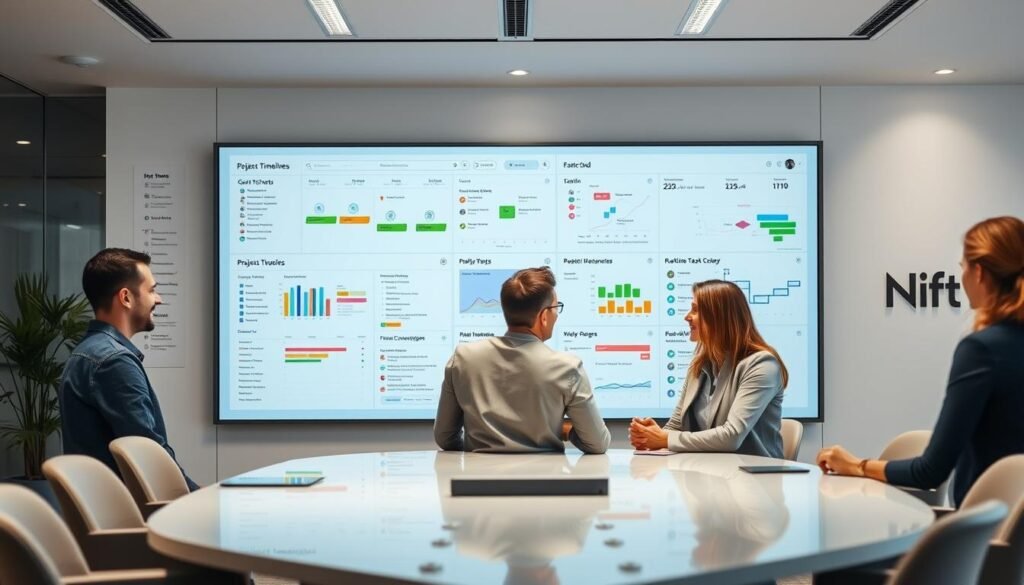 A well-lit office setting with a large whiteboard or digital display showcasing various project management tools and methodologies. In the foreground, a group of professionals collaborating around a sleek conference table, discussing Gantt charts, Kanban boards, and project timelines. The middle ground features a sophisticated project management software interface, highlighting intuitive dashboards and real-time task tracking. The background subtly incorporates the Nifty logo and branding, conveying the integration of the platform with effective project management practices. The overall atmosphere is one of efficiency, collaboration, and a streamlined approach to project execution.
