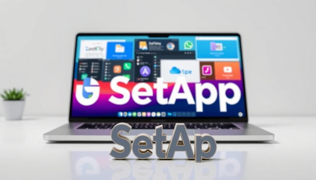 SetApp productivity tools, showcased in a sleek and modern composition. A clean, well-lit workspace with a MacBook Pro displaying various app icons, including productivity suites, note-taking apps, and task managers. In the foreground, a high-quality render of a SetApp logo, its bold typography and vibrant colors drawing the eye. The middle ground features a variety of software windows, each representing the diverse range of tools available within the SetApp ecosystem. The background is a minimalist, light-colored environment, emphasizing the focus on the products themselves. Subtle shadows and reflections add depth and realism to the scene, creating a polished, professional impression that aligns with the "Key Features of SetApp" section of the article.