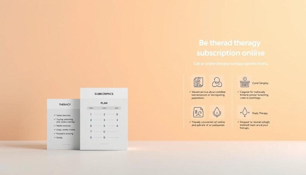a detailed illustration of therapy subscription plans, set against a clean, minimalist background. in the foreground, three stacked, neatly organized pricing tiers with clear, legible labels indicating the services and features of each plan. the middle ground showcases icons and infographics highlighting the key benefits of online therapy, such as convenience, accessibility, and personalized care. the background features a soothing, warm-toned gradient, creating a sense of tranquility and professionalism. the overall composition is well-balanced, using a soft, natural lighting that emphasizes the clarity and simplicity of the design. the image conveys a sense of trust, reliability, and the high-quality online therapy services offered.