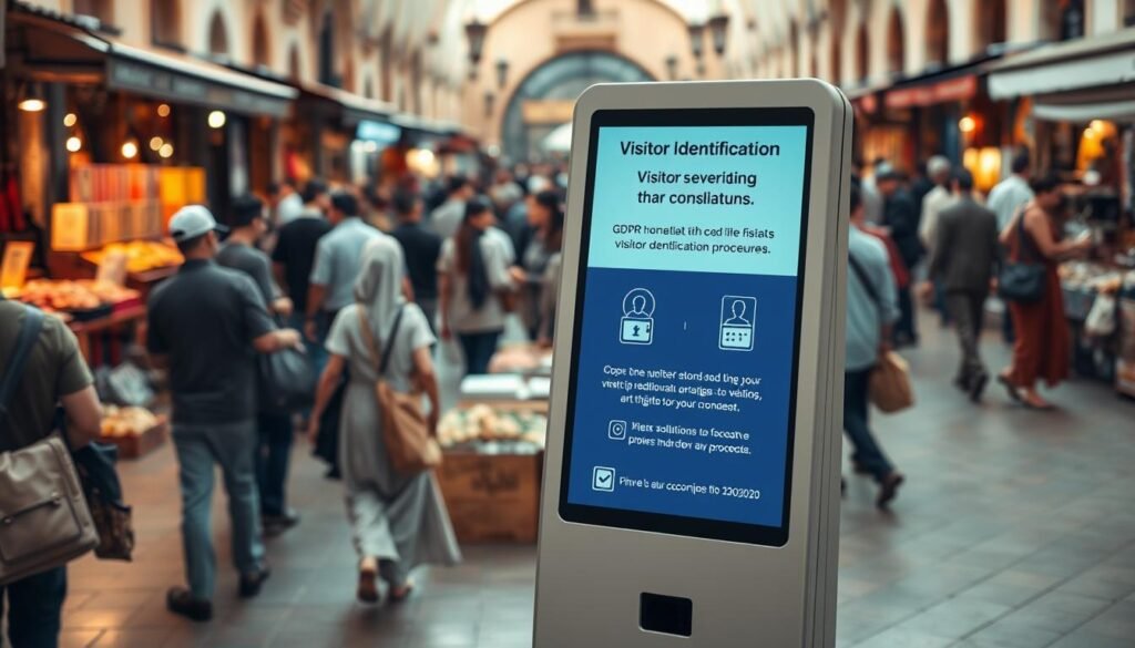 A busy Moroccan marketplace, with a crowd of people browsing stalls and negotiating prices. In the foreground, a modern, sleek kiosk displaying a digital screen showcasing GDPR-compliant visitor identification procedures. The kiosk has a minimalist design with clean lines and a neutral color palette, blending seamlessly into the vibrant, bustling environment. The screen displays simple, easy-to-understand instructions guiding visitors through the identification process, emphasizing privacy and security. Soft, diffused lighting creates a warm, welcoming atmosphere, while the camera angle provides a wide, panoramic view capturing the dynamic energy of the marketplace.
