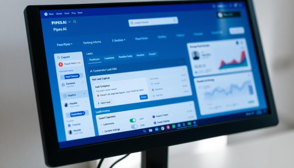 A close-up view of a computer screen displaying the integration between Pipes.AI and Facebook Lead Ads. The screen shows a dashboard with various data visualizations, including lead capture forms, customer information, and real-time analytics. The interface is clean, modern, and intuitive, with a blue and gray color scheme. The background is blurred, creating a sense of focus on the main subject. Soft, directional lighting illuminates the screen, casting subtle shadows and highlighting the details. The overall impression is one of efficiency, technology, and seamless integration between the Pipes.AI platform and the Facebook Lead Ads ecosystem.