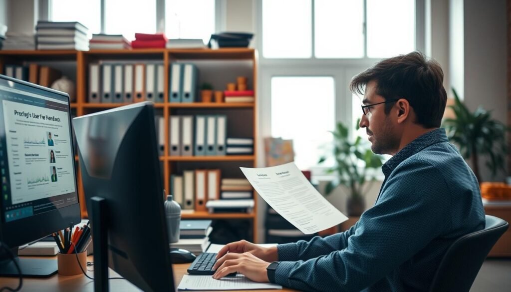 A cozy office scene with a desk, computer, and various office supplies. In the foreground, a person is intently reviewing user feedback on the computer screen, their expression focused and engaged. The middle ground features shelves with neatly organized folders and books, conveying a sense of professionalism. The background depicts a warm, well-lit room with large windows, allowing natural light to filter in and create a pleasant, productive atmosphere. The overall mood is one of thoughtful analysis and a commitment to understanding user experiences.