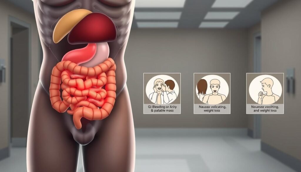 A detailed medical illustration depicting the key symptoms and warning signs of Gastrointestinal Stromal Tumor (GIST). The foreground shows a labeled human abdomen with highlighted areas indicating common GIST symptoms like abdominal pain, GI bleeding, and palpable mass. In the middle ground, a series of detailed inset illustrations showcase specific warning signs such as nausea, vomiting, and unexplained weight loss. The background features a clean, clinical environment with muted tones to create a sense of medical authority. Rendered with precise anatomical accuracy and a subtle, realistic lighting setup to convey the gravity and importance of recognizing GIST symptoms.