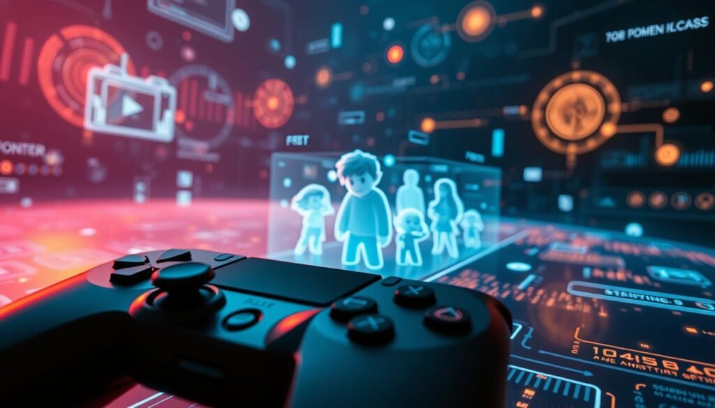 A dynamic digital landscape, where interactive narratives unfold across video game interfaces and social media platforms. In the foreground, a game controller seamlessly blends with a smartphone, symbolizing the convergence of traditional and modern storytelling mediums. The middle ground features holographic projections of animated characters, their expressions and movements evoking the emotional depth of contemporary fables. In the background, a fluid, ever-changing backdrop of abstract data visualizations and glowing digital elements creates a sense of technological evolution and the boundless potential of digital storytelling. Lighting is a balance of warm, ambient tones and cool, neon-like accents, casting an alluring, futuristic atmosphere. The camera angle is slightly elevated, allowing the viewer to observe this captivating fusion of traditional and modern narratives.