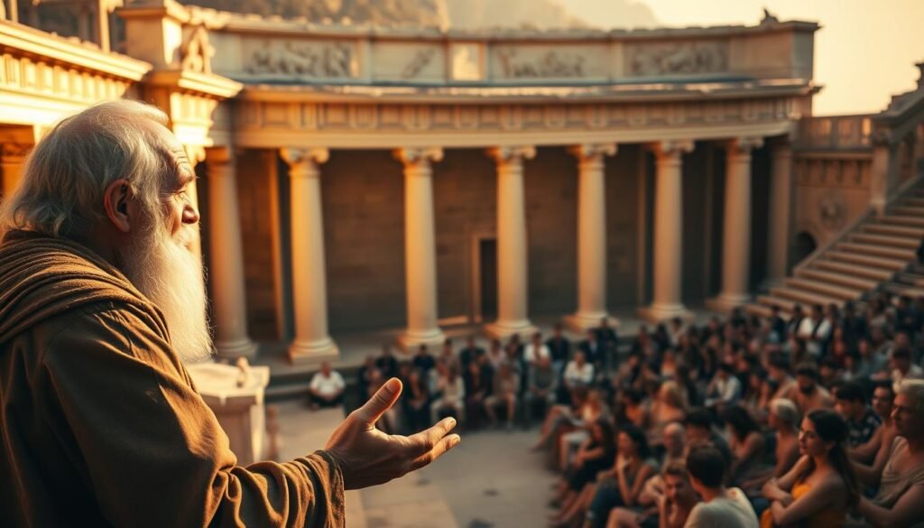 A grand amphitheater in ancient Greece, bathed in warm golden light. In the foreground, a wise old storyteller captivates his audience, hands gesturing expressively as he weaves a tale of gods and heroes. The middle ground reveals a semicircle of rapt listeners, their faces aglow with fascination. In the background, the stately columns and ornate carvings of the theater evoke the grandeur of classical antiquity. The mood is one of timeless tradition, as the rich history of fables and storytelling unfolds before the viewer's eyes.