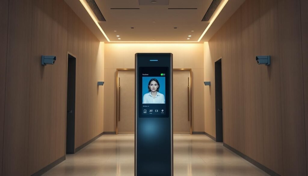 A high-tech visitor identification platform standing tall, its sleek design blending seamlessly with a minimalist, modern environment. Precise facial recognition cameras mounted on the walls, scanning and verifying each individual with lightning speed. The platform's interface glows with a soft, warm light, conveying an air of efficiency and security. In the background, a clean, uncluttered space with muted tones and subtle textures, creating a sense of professionalism and trust. Subtle shadows and strategic lighting accentuate the platform's contours, highlighting its advanced technological capabilities. An atmosphere of reliability and precision pervades the scene, reflecting the platform's reliable and discreet nature.