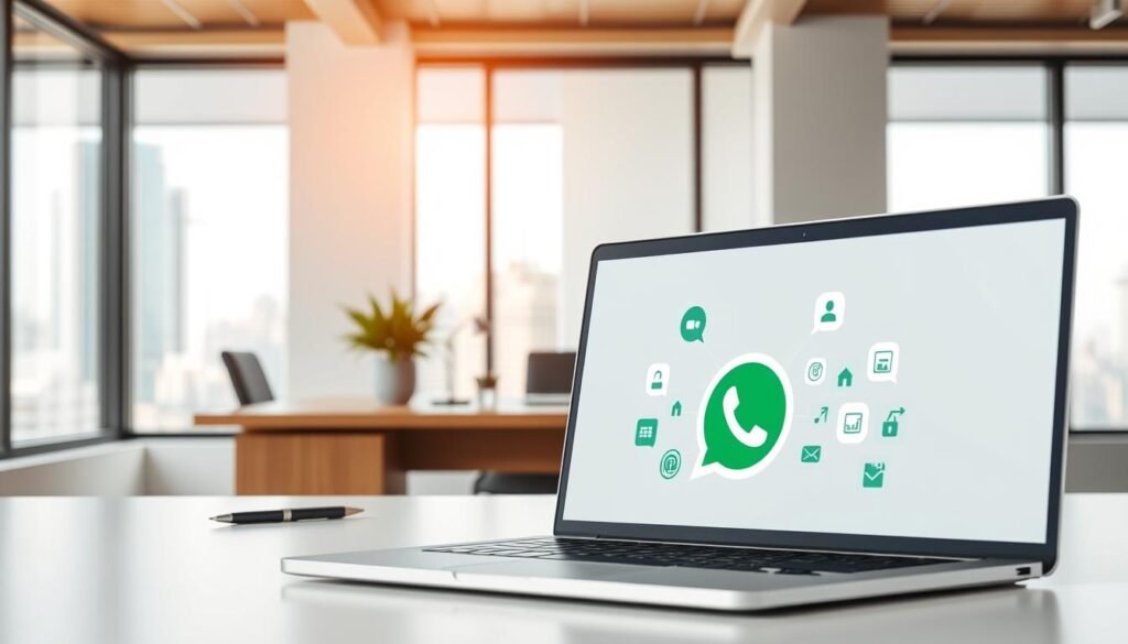 A modern, clean-looking office scene with a laptop display showcasing a WhatsApp CRM integration interface. The foreground features a stylized graphic of the WhatsApp logo alongside various business-related icons and UI elements, conveying the concept of seamless integration. The middle ground shows a well-appointed desk with a potted plant, a pen holder, and other minimal decor, creating a professional yet inviting atmosphere. In the background, large windows provide natural lighting, with a cityscape visible outside, suggesting a thriving urban business environment. The overall mood is one of efficiency, productivity, and the power of technology to enhance business operations.