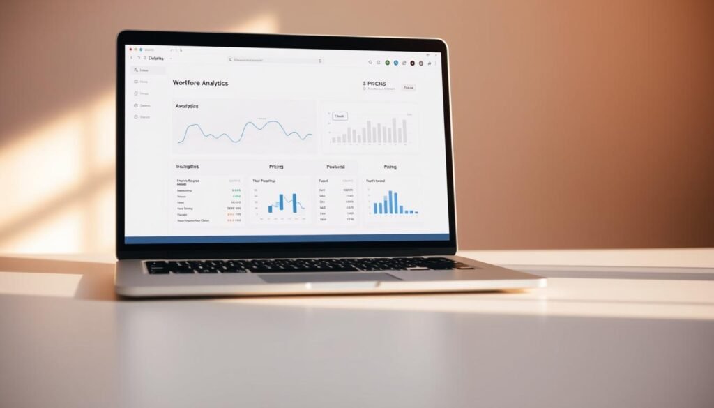 A modern, minimalist illustration of affordable workforce analytics pricing. In the foreground, a laptop display showcases a clean, intuitive analytics dashboard with clear pricing tiers. The middle ground features abstract data visualizations and charts, conveying insightful business intelligence. The background is a soft, neutral gradient, creating a sense of sophistication and focus. Warm, natural lighting casts a subtle glow, and the camera angle is slightly elevated to give a sense of approachability and accessibility. The overall mood is one of clarity, value, and empowerment for businesses of all sizes.