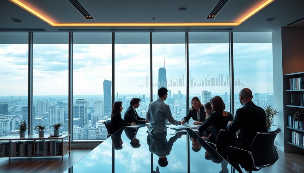 A modern, minimalist office interior with a large window overlooking a bustling city skyline. In the foreground, a group of professionals collaborating around a sleek, glass conference table, discussing growth strategies and scaling solutions. The middle ground features shelves lined with business books and framed diagrams illustrating various stages of business expansion. Soft, directional lighting from above casts a warm, productive glow, while a cool, blue-tinted sky visible through the window lends an air of professionalism and forward-thinking. The overall atmosphere conveys a sense of expertise, efficiency, and the company's ability to help businesses reach new heights.