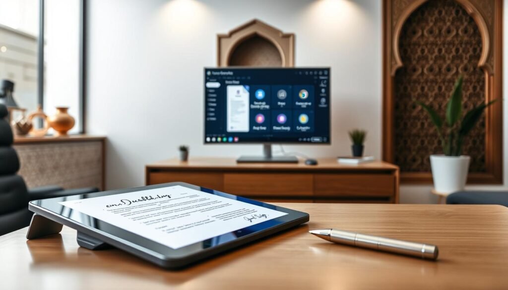 A modern office scene with a well-lit, minimalist workspace. In the foreground, a sleek tablet device showcases a digital document bearing elegant Moroccan-inspired calligraphic signatures. Atop the desk, a high-end pen and a sense of effortless professionalism pervade the space. The middle ground features a large, high-resolution display presenting the Foxit eSign interface, its clean UI and intuitive controls emphasizing the seamless digital signing experience. In the background, subtle Moroccan architectural elements, such as intricate tiled patterns or carved wood panels, provide a cultural context. The overall mood is one of efficiency, sophistication, and the seamless integration of traditional Moroccan aesthetics with cutting-edge digital technology.