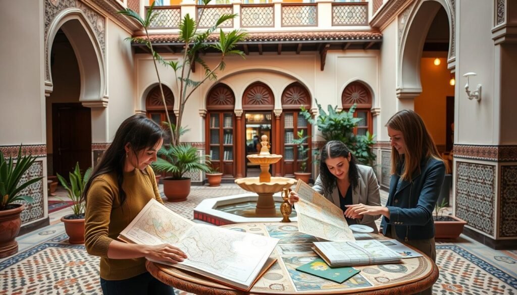 A serene Moroccan courtyard with intricate tile patterns and ornate archways. In the foreground, a group of travel experts poring over detailed itineraries and maps, their expressions focused and collaborative. The middle ground features lush potted plants and a traditional fountain, casting a soothing ambiance. The background showcases the iconic Moroccan architecture, with ornate window frames and a glimpse of the vibrant blue sky above. Warm, diffused lighting illuminates the scene, creating a sense of tranquility and expertise. The overall mood conveys the perfect blend of cultural immersion and tailored travel planning for an unforgettable Moroccan adventure.