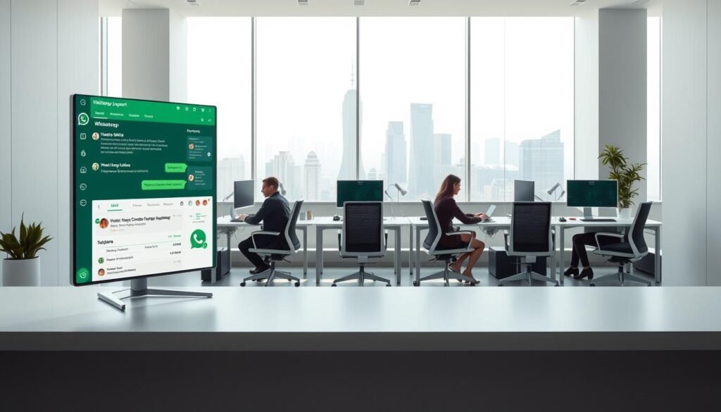 A sleek and modern WhatsApp customer support dashboard set against a minimalist, light-filled office environment. In the foreground, a large display screen showcases real-time chat conversations, customer details, and support agent assignments. The middle ground features a row of ergonomic workstations where support agents, dressed in professional attire, efficiently handle inquiries. The background depicts a panoramic view of the city skyline through floor-to-ceiling windows, conveying a sense of scale and sophistication. Soft, directional lighting accentuates the clean lines and surfaces, creating a polished, high-tech atmosphere. The overall composition exudes a seamless blend of technology, productivity, and exceptional customer service.