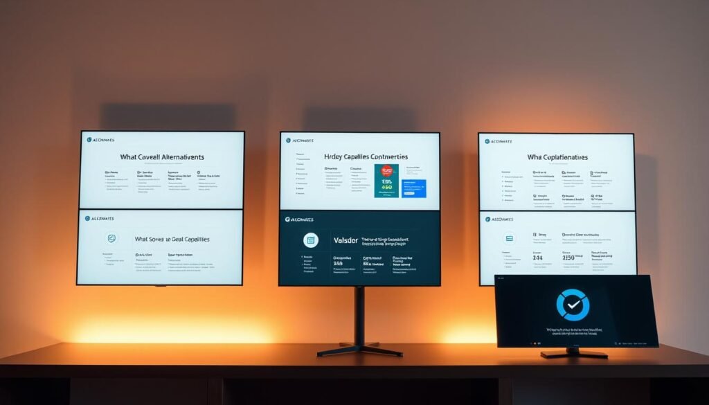 A sleek and modern comparison of leading WhatConverts alternatives, displayed on elegant minimalist screens arranged in a visually striking grid layout. The screens showcase the key features and capabilities of each solution, allowing for an at-a-glance assessment of their relative strengths. Soft, warm lighting illuminates the setup, creating a professional and authoritative atmosphere. The overall composition strikes a balance between simplicity and informative detail, guiding the viewer's attention to the most salient points of comparison.