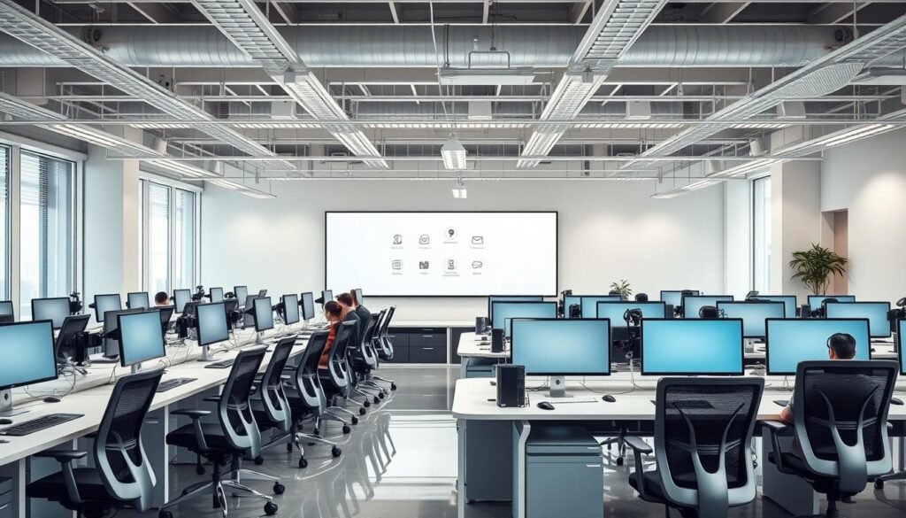 A sleek and modern office environment with rows of customer support stations. Bright, natural lighting floods the space, creating a welcoming and professional atmosphere. Ergonomic desks and chairs are neatly arranged, each workstation equipped with a computer, headset, and other essential tools. In the background, a large, seamless display screen showcases various communication channels - phone, email, chat, and social media icons. The overall scene conveys efficiency, attentiveness, and a dedication to providing top-notch customer service.