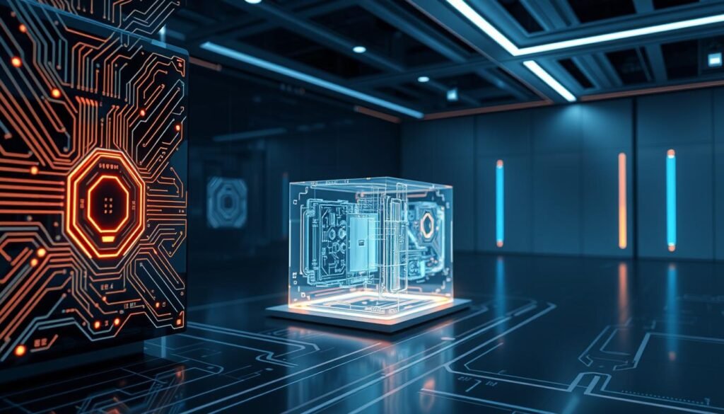 A sleek, futuristic AI model interface with intricate circuit patterns and glowing holographic displays. The foreground showcases the model's key features, including advanced neural networks, parallel processing units, and adaptive learning algorithms. In the middle ground, a transparent 3D render of the model's architecture reveals its complex inner workings. The background depicts a minimalist, high-tech environment with subtle lighting and reflective surfaces, conveying a sense of precision, power, and innovation. The overall scene evokes a cutting-edge, data-driven approach to AI development, capturing the essence of the "CustomGPT" service.