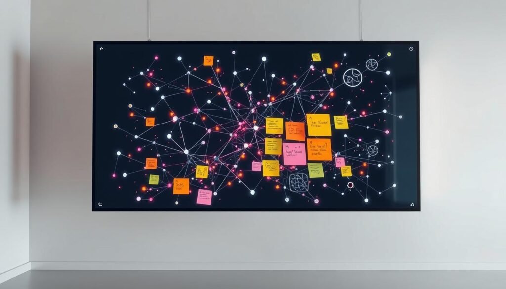 A sleek, futuristic digital canvas floats in a minimalist, well-lit workspace. The canvas is adorned with a grid of interconnected nodes, pulsing with generative, AI-driven visuals. Elegant cursors and interface elements allow seamless ideation and collaboration, as colorful sticky notes, sketches, and diagrams emerge organically across the surface. The backdrop features a subdued, calming gradient, allowing the canvas to take center stage as a powerful, intelligent tool for remote brainstorming and visual problem-solving.