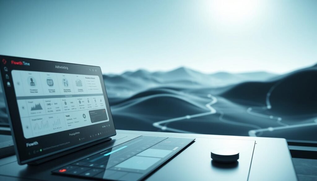 A sleek, futuristic interface showcasing an AI-driven workflow automation system. In the foreground, a clean dashboard with intuitive controls and interactive visualizations, conveying real-time data and process insights. The middle ground features a stylized representation of the workflow, with dynamic icons and smooth transitions between stages. The background is a minimalist landscape of interconnected nodes and pathways, hinting at the complex algorithms powering the system. Soft, directional lighting illuminates the interface, creating a sense of depth and sophistication. The overall mood is one of efficiency, innovation, and technological prowess, perfectly capturing the essence of Flowith's advanced capabilities.