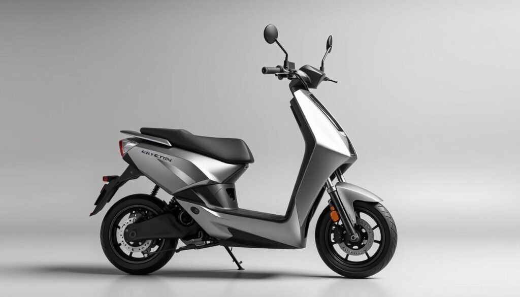 A sleek, high-performance electric scooter stands in a minimalist, well-lit studio. The scooter's streamlined, aerodynamic frame is rendered in a metallic silver hue, its elegant curves and sharp angles hinting at its power and efficiency. The front wheel is slightly elevated, suggesting a dynamic, ready-to-ride pose. Soft, diffused lighting from above casts subtle shadows, accentuating the scooter's clean lines and advanced design. The background is a simple, neutral gray, allowing the scooter to be the focal point. An overall sense of sophistication, technology, and innovative electric mobility permeates the scene.