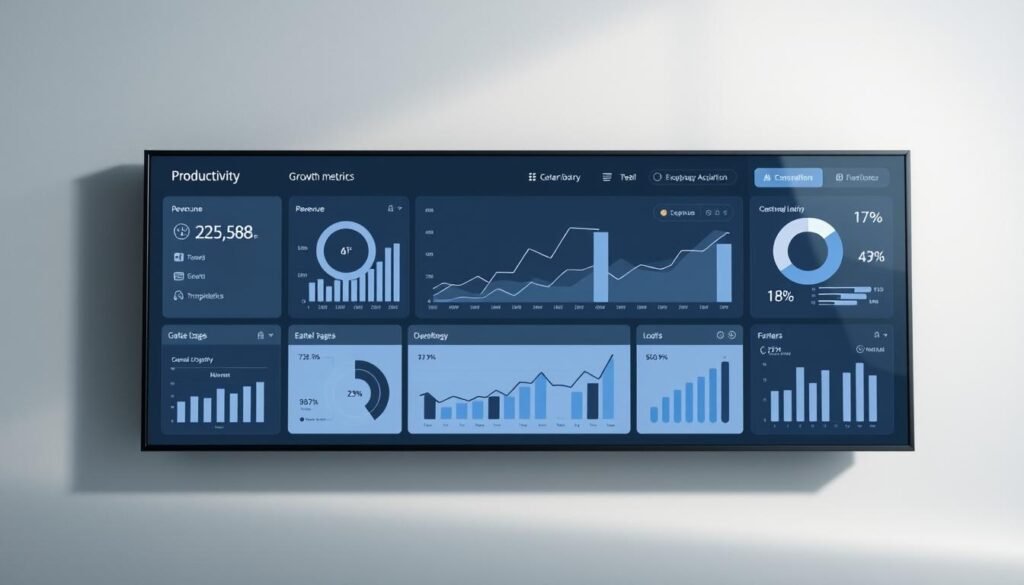 A sleek, minimalist dashboard displaying productivity growth metrics on a large, high-resolution display. The foreground features a series of dynamic charts and graphs, each showcasing key performance indicators such as revenue, customer acquisition, and operational efficiency. The middle ground contains stylized icons and infographic elements that provide visual context. The background is a sophisticated, muted color palette with subtle texture, creating a sense of depth and professionalism. The lighting is soft and directional, highlighting the dashboard's crisp, clean design. The overall composition conveys a sense of data-driven insights and informed decision-making.