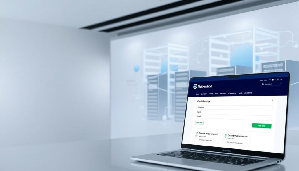 A sleek, minimalist web hosting interface with a modern, clean aesthetic. In the foreground, a sophisticated domain registration panel with intuitive controls. The middle ground showcases essential web hosting features like server management, storage, and bandwidth. In the background, a stylized network infrastructure symbolizing the power and reliability of the hosting platform. Soft, directional lighting casts a professional, authoritative tone. The overall composition conveys the seamless, user-friendly experience of establishing an online presence with Network Solutions.