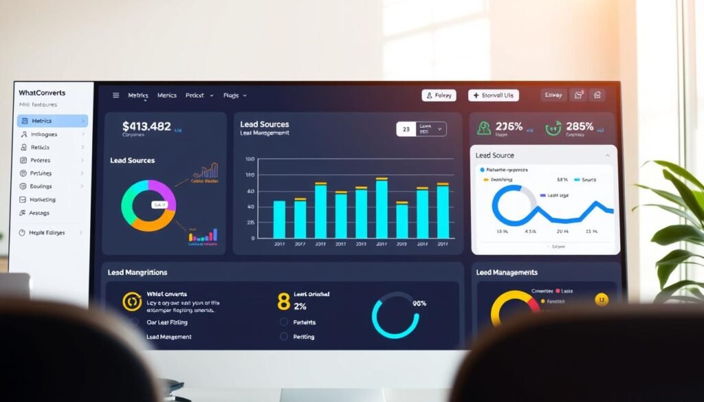 A sleek, modern, and well-designed dashboard showcasing the key features of WhatConverts. In the foreground, a clean and intuitive user interface with clearly labeled sections for metrics, data visualizations, and lead management tools. In the middle ground, a large bar chart highlighting crucial performance indicators like conversion rates, lead sources, and ROI. In the background, a subtle gradient or texture adds depth and sophistication. The overall scene is lit by a warm, natural light, conveying a sense of professionalism and efficiency. The angle is slightly elevated, allowing the viewer to take in the comprehensive suite of features at a glance.