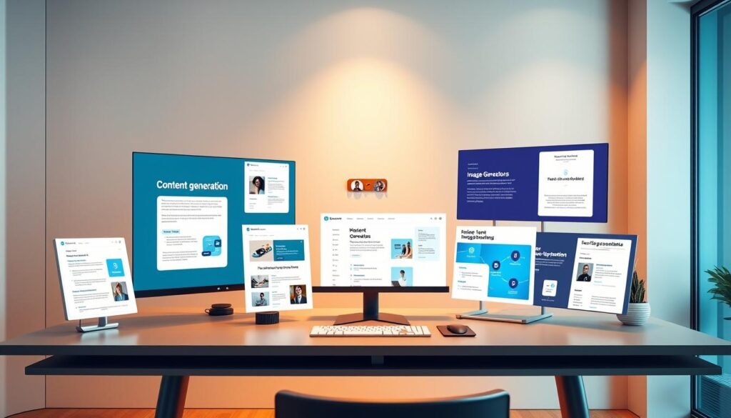 A sleek, modern office setting with a minimalist desk and workspace. On the desk, there are several digital templates or mockups depicting various AI-powered content generation tools, such as text editors, image generators, and voice assistants. The templates are displayed on a stylish, high-resolution display, showcasing their intuitive interfaces and diverse functionalities. The lighting is warm and diffused, creating a professional and productive atmosphere. The overall scene conveys a sense of efficiency, innovation, and the seamless integration of AI technology into the content creation workflow.