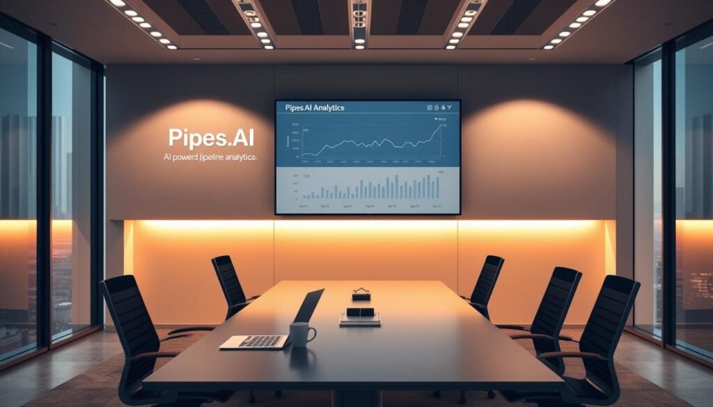 A sleek, modern office space with a large desk, ergonomic chairs, and a wall-mounted display showcasing Pipes.AI's AI-powered pipeline management analytics. Warm, indirect lighting illuminates the space, creating a professional yet inviting atmosphere. In the background, a city skyline is visible through floor-to-ceiling windows, symbolizing the global reach and impact of Pipes.AI's solutions. On the desk, a laptop, tablet, and coffee mug suggest an active, collaborative work environment. The overall impression is one of technological sophistication, efficiency, and a forward-thinking approach to pipeline management.