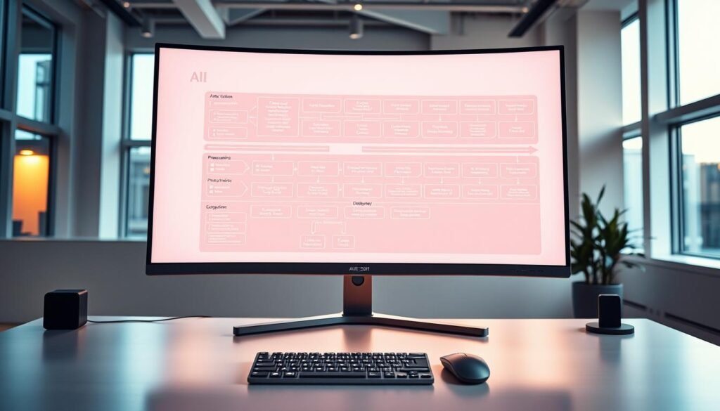 A sleek, modern workspace with a large monitor displaying a complex AI workflow diagram. The diagram showcases various stages of the AI process, including data collection, preprocessing, model training, and deployment. The workspace is bathed in a warm, focused lighting, creating a professional and productive atmosphere. In the foreground, a tactile, minimalist keyboard and mouse sit neatly on a clean, uncluttered desk. The background features clean, geometric architecture with large windows, allowing natural light to filter in and complement the artificial illumination. The overall impression is one of efficiency, clarity, and a well-documented, streamlined AI development process.