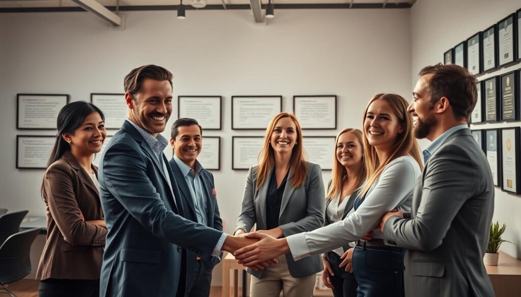 A vibrant and inspiring office scene, showcasing successful clients of Growth-x.com. In the foreground, a group of confident business professionals shake hands and exchange ideas, their expressions radiating satisfaction. The middle ground features a sleek, modern workspace with floor-to-ceiling windows, allowing natural light to flood the room. In the background, a gallery wall displays framed testimonials and award certificates, highlighting the proven track record of Growth-x.com's solutions. The scene is captured with a warm, cinematic lighting that emphasizes the collaborative and celebratory atmosphere. The overall composition conveys a sense of achievement, trust, and the transformative impact of Growth-x.com's expert guidance.