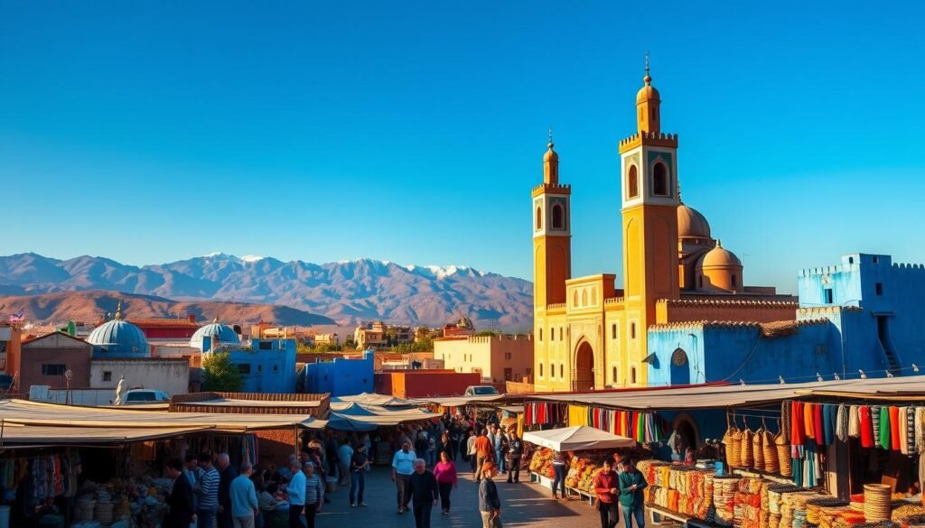 A vibrant travel guide to Morocco's top destinations, captured through a cinematic lens. In the foreground, iconic landmarks like the Koutoubia Mosque in Marrakech and the blue-washed walls of Chefchaouen stand tall, bathed in warm, golden sunlight. The middle ground features bustling souks and markets, with merchants haggling and colorful textiles and spices on display. In the distance, the majestic Atlas Mountains rise, their snow-capped peaks creating a dramatic backdrop. The scene exudes an atmosphere of adventure, culture, and wonder, inviting the viewer to explore the rich tapestry of Moroccan travel destinations.