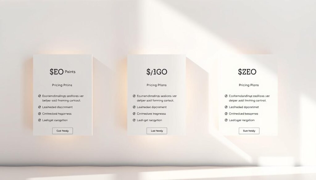 Elegant and minimalist design showcasing three distinct SEO pricing plans. A clean, white background sets the stage, with subtle gradients and soft shadows adding depth and dimension. The plans are presented as sleek, rectangular cards with crisp, modern typography highlighting the key features and costs. Subtle icons or illustrations complement the textual information, guiding the viewer's eye through the different tiers. Warm, natural lighting casts a gentle glow, creating a sense of professionalism and trustworthiness. The overall composition is balanced and visually appealing, seamlessly blending form and function to present the SEO pricing options in a clear and compelling manner.