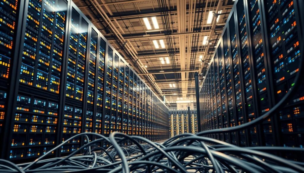 Massive data center infrastructure, a global network of interconnected server farms and computing hubs. Towering server racks and blinking LED panels fill the cavernous space, illuminated by warm, efficient lighting. Sleek, modern architecture frames the scene, with minimalist design and clean lines. In the foreground, a tangle of cables and fiber optic lines snake through the facility, connecting the various systems and subsystems. The atmosphere is one of efficiency and technological prowess, capturing the power and scale of the digital infrastructure that powers the modern internet and cloud computing. Subtle camera angles and depth of field blur the background, focusing the viewer's attention on the intricate details of the data center hardware and cabling.