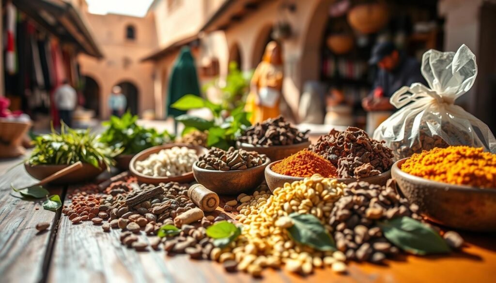 a close-up view of traditional Moroccan medical herbs and spices arranged on a wooden table, with a backdrop of a traditional Moroccan building or marketplace, natural lighting creating warm shadows and highlights, focus on the vibrant colors and textures of the medicinal ingredients, a sense of traditional healing and natural remedies for GIST treatment options in Morocco