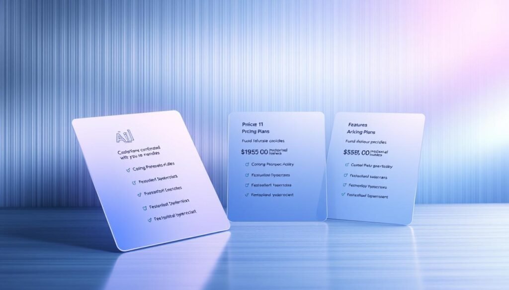 a highly detailed digital illustration of "AI pricing plans" showing a modern, minimalist composition with three distinct sections: Foreground: Three transparent pricing plan cards displayed prominently, each with a simple icon, a title, and a list of features in a clean, sans-serif font. The cards are arranged in a diagonal pattern, creating depth and visual interest. Middle ground: A sleek, brushed metal background with a subtle linear texture, creating a premium, high-tech aesthetic. Background: A soft, out-of-focus gradient in shades of blue and purple, evoking a sense of innovation and technology. The overall mood is sophisticated, professional, and visually striking, perfectly suited to illustrate the "CustomGPT Pricing Plans" section.