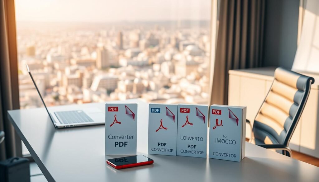 a professional, well-lit office setting with a sleek, modern desk and ergonomic chair. On the desk, a laptop, smartphone, and various PDF conversion tools, including a digital PDF converter and a PDF-to-image converter. The tools are showcased in a clean, organized manner, hinting at their ease of use and efficiency. The background features a large window overlooking the vibrant cityscape of Casablanca, Morocco, bathed in warm, golden natural lighting. The overall atmosphere conveys a sense of productivity, technology, and the progressive business landscape of the region.