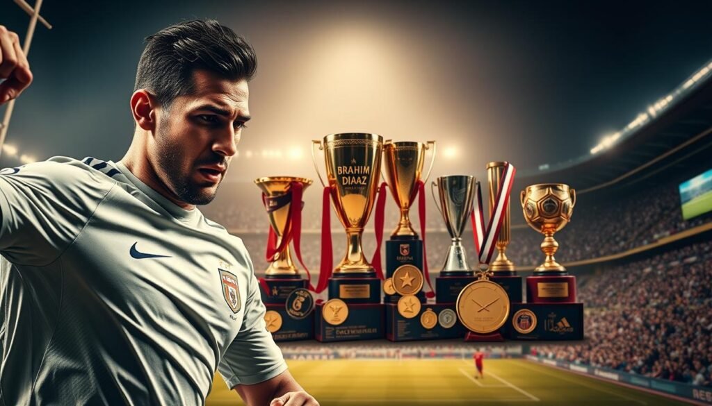 A detailed, high-resolution image depicting Brahim Díaz's notable achievements and honors in football. In the foreground, a dynamic action shot shows Díaz scoring a goal, his face expressing intense focus and determination. The middle ground features trophies, medals, and other accolades he has earned, arranged in a visually compelling layout. The background showcases a stadium scene, with fans cheering and the pitch in the distance, conveying the excitement and prestige of his accomplishments. The lighting is dramatic, with warm hues and shadows that enhance the sense of power and achievement. The overall mood is one of celebration and triumph, capturing the essence of Díaz's successful football career.
