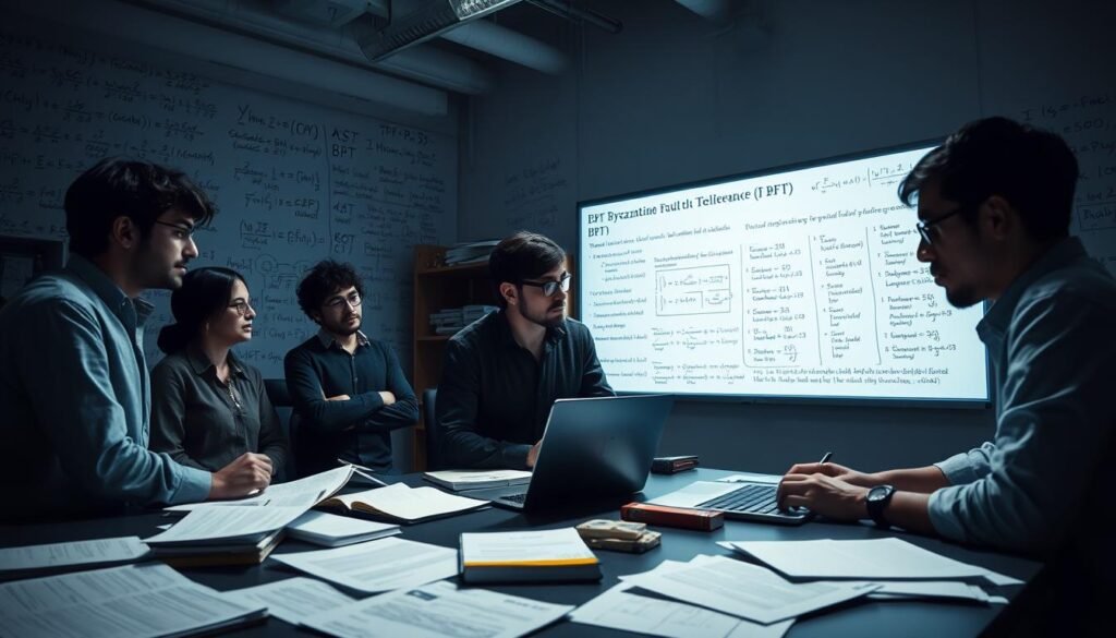 A dimly lit research laboratory, the walls adorned with equations and diagrams. In the foreground, a group of researchers intently studying Byzantine Fault Tolerance (BFT) protocols on a large display, their expressions thoughtful and focused. Scattered across the desk are papers, books, and a laptop, creating an atmosphere of intense intellectual pursuit. The lighting is soft and directional, casting dramatic shadows that accentuate the depth and complexity of the scene. In the background, a whiteboard filled with intricate mathematical notations hints at the theoretical foundations underlying the research. The overall mood is one of deep contemplation and the quest for innovative solutions to challenging problems.