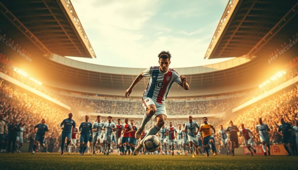 A dynamic, action-packed scene showcasing Brahim Díaz's club career highlights. In the foreground, Díaz dribbles the ball skillfully, his nimble footwork on full display. Surrounding him, a flurry of athletic players in their respective team uniforms, creating a sense of intensity and competition. The middle ground features the iconic stadium architecture, with spectators cheering from the stands, captured in a tight, cinematic angle. The background is bathed in warm, golden lighting, evoking a sense of drama and triumph. The overall composition conveys Díaz's prowess, the high-stakes nature of professional football, and the grandeur of his club career.