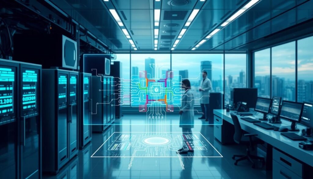 A futuristic laboratory with advanced computer systems and scientific equipment. In the foreground, a holographic display showcases a complex diagram representing the mechanics of transactional memory, with colorful data streams flowing between interconnected modules. In the middle ground, researchers in white coats examine the display, deep in thought. The background features sleek, high-tech workstations and a panoramic window offering a view of a bustling city skyline, hinting at the real-world applications of this innovative technology. The lighting is a blend of cool, ambient tones and strategic highlights, creating an atmosphere of scientific exploration and technological progress.