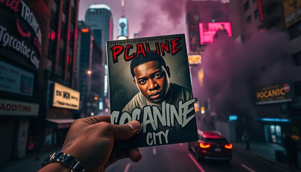 A gritty urban landscape, the neon-lit streets of Cocaine City pulsing with the rhythm of hip-hop. In the foreground, a close-up of a hand holding a mixtape cover, the title emblazoned in bold, graffiti-style lettering. The image has a high-contrast, cinematic quality, with dramatic shadows and highlights that convey a sense of rawness and energy. The mixtape cover features a portrait of a young, determined-looking French Montana, his piercing gaze drawing the viewer in. The background is a hazy, smoke-filled cityscape, with skyscrapers and billboards looming overhead, reflecting the artist's rise to fame and the larger-than-life persona he has cultivated. The overall mood is one of ambition, street-level hustle, and the relentless pursuit of success in the cutthroat world of hip-hop.