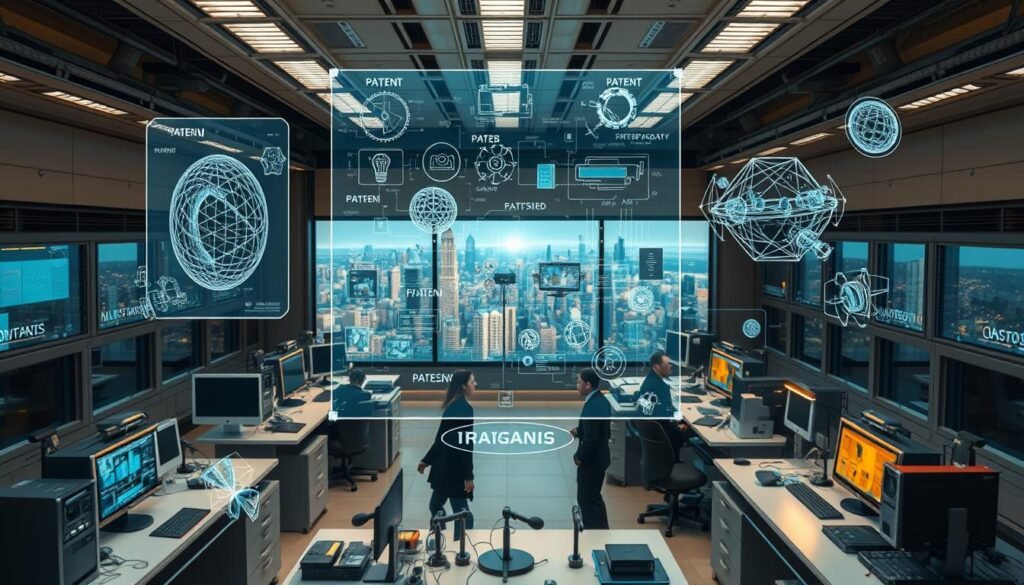 A high-tech laboratory filled with futuristic holographic displays, floating 3D models, and sleek workstations. In the foreground, a central hologram showcases a series of intricate patent diagrams and technical schematics, illustrating Hajar Mousannif's pioneering contributions to AI innovation. The middle ground features a team of researchers deeply engrossed in their work, surrounded by an array of advanced computational devices and cutting-edge instrumentation. In the background, a panoramic window offers a glimpse of a bustling city skyline, symbolizing the real-world impact of Hajar's groundbreaking AI research and development. Warm, focused lighting creates an atmosphere of intellectual discovery and technological progress.