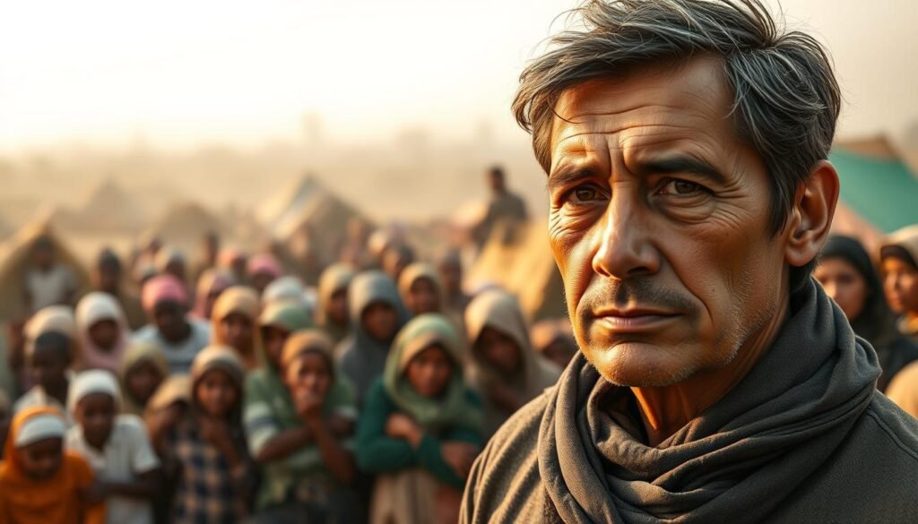 A humanitarian leader stands resolute, a beacon of compassion amid a backdrop of displaced people seeking refuge. The foreground is a powerful portrait, capturing the leader's determined gaze and unwavering stance, conveying a sense of steadfast advocacy. In the middle ground, a diverse crowd of refugees - men, women, and children - huddle together, their faces etched with hope and resilience. The background is a hazy, dreamlike scene of tents and makeshift shelters, evoking the precarious nature of their circumstances. Soft, diffused lighting casts a warm, emotive glow, while the camera's angle suggests a sense of reverence and admiration for the leader's courageous work. This image encapsulates the essence of refugee advocacy and humanitarian leadership.