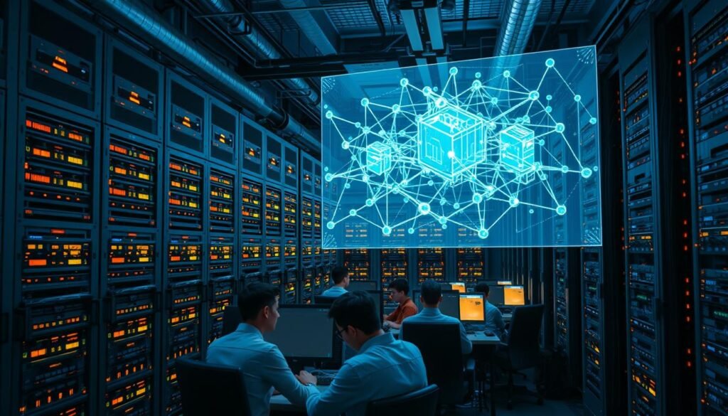 A large supercomputer server room, with rows of racks filled with blinking lights and cooling fans. In the foreground, a team of researchers working intently at their terminals, studying complex algorithms and data visualizations. The atmosphere is one of focused intensity, with a sense of discovery and innovation in the air. The lighting is a mix of cool blue and warm amber tones, casting dramatic shadows that highlight the intricate network of cables and hardware. In the background, a large holographic projection displays a dynamic simulation of a distributed computing system, with nodes communicating and processing data in real-time. The overall scene conveys the cutting-edge nature of distributed algorithms research, a field at the forefront of modern computing.