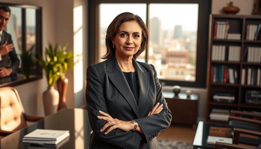 A middle-aged Moroccan business leader, Miriem Bensalah-Chaqroun, stands confidently in an elegant office setting. Her tailored power suit and poised demeanor convey a sense of authority and professionalism. She is surrounded by tasteful decor, including a modern desk, shelves of books, and a large window overlooking a bustling Casablanca cityscape. The lighting is warm and directional, creating subtle shadows that accentuate her features. The composition places her as the central focus, with the environment complementing her presence. An aura of success and influence emanates from the scene, reflecting her leadership role within the Confédération Générale des Entreprises du Maroc (CGEM).